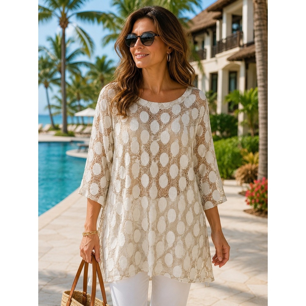 YUSHI Women's Large Beige Tunic Top With White Polka Dots -1357